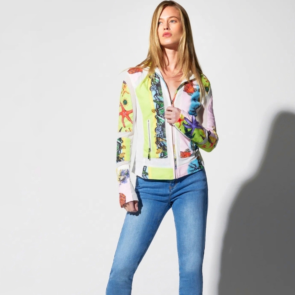 Oh La La Seashell Printed Quilted Scuba Mesh Combo Jacket, $320!  Mixed Media